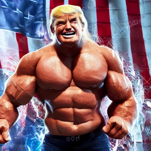 Image similar to uhd, high resolution photography of woman, genetic combination of hulk hogan and donald trump face and upper body, body focus