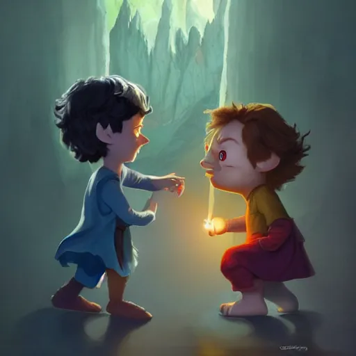 Prompt: a wholesome animation key shot of cute frodo, gollum and sam from lord of the rings, colorful, pixar and disney animation, sharp, very detailed, high resolution, key art by greg rutkowski, bloom, dramatic lighting