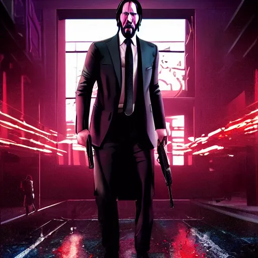 Image similar to john wick in saints row, artstation hall of fame gallery, editors choice, #1 digital painting of all time, most beautiful image ever created, emotionally evocative, greatest art ever made, lifetime achievement magnum opus masterpiece, the most amazing breathtaking image with the deepest message ever painted, a thing of beauty beyond imagination or words, 4k, highly detailed, cinematic lighting