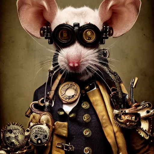 Prompt: a rat with steampunk googles, by Kirsty Mitchell