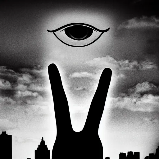 Image similar to three realistic eyes and hands floating in the sky over a city, high contrast, low key, black and white, vintage poster, film grain