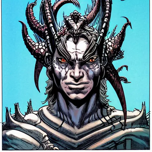 Prompt: head and shoulders portrait of a medieval d & d fantasy anthropomorphic blue dragon - headed - human hybrid with electrcity magic, comic book cover art photo by phil noto, frank miller, hr giger