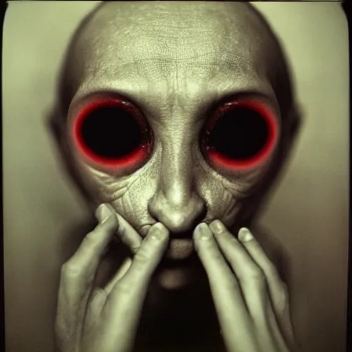 Image similar to a realistic photograph of a alien with glowing red eyes taken by sally mann, portrait, hazy, muted colors, detailed, bleak, 125mm