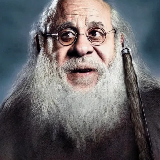 Image similar to danny devito starring as gandalf the white in the 2 0 2 4 lord of the rings movie, full body, hyper realistic, high quality, wide angle