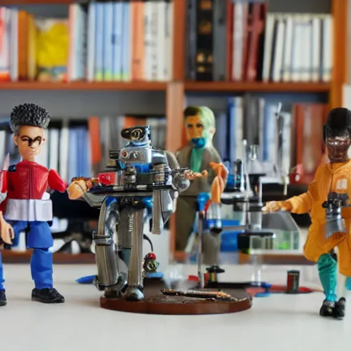 Prompt: a group of scientists afraid of the evil machine they've created, as action figures, mini model, toy diorama