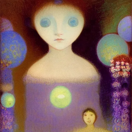 Image similar to a girl with three eyes on 5 translucent luminous spheres, full of floral and berry fillings, in an ocean of lavender color by odilon redon