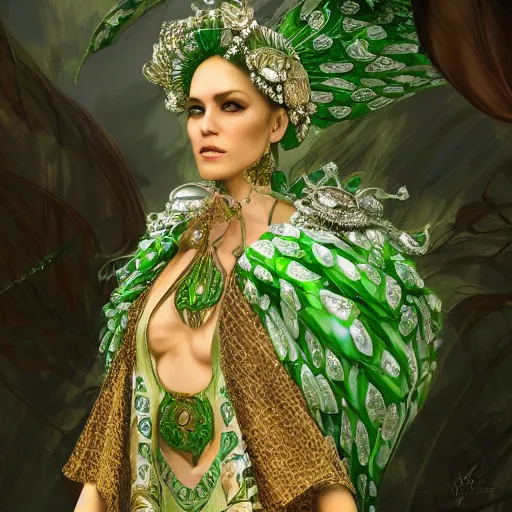 Image similar to a beautiful woman wearing a green and white kaftan made of silk with golden ornaments and diamonds jewelry by alex gray and android jones , Karol Bak, Ayami Kojima, Amano , concept art, character design, fantasy,3D, 8k resolution