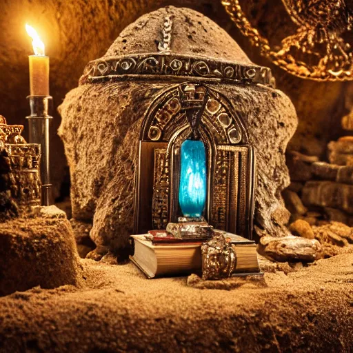 Image similar to epic vintage Photo of an ancient dark byzantine cave interior, ornate oil lamp on a pile of crystals, books covered in jewels, ornate, surrounded by strange crystals and treasure, full of sand and glitter, Indiana Jones, Tomb Raider, trending on artstation, cinematic, jewels, 35mm lens