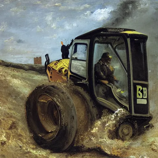 Image similar to gustave courbet painting of rob voltage cross laughing manically whilst driving a jcb digger through the gates of hell