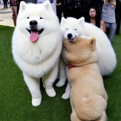 Image similar to kanye west and happy samoyed