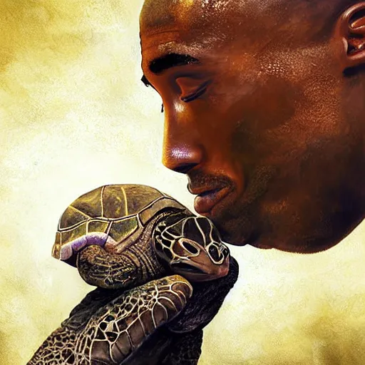 Image similar to kobe bryant kissing a giant turtle in heaven, photorealistic, side view, amazing digital art, amazing detail, fantasy art, artstatiom, cgsociety, epic art