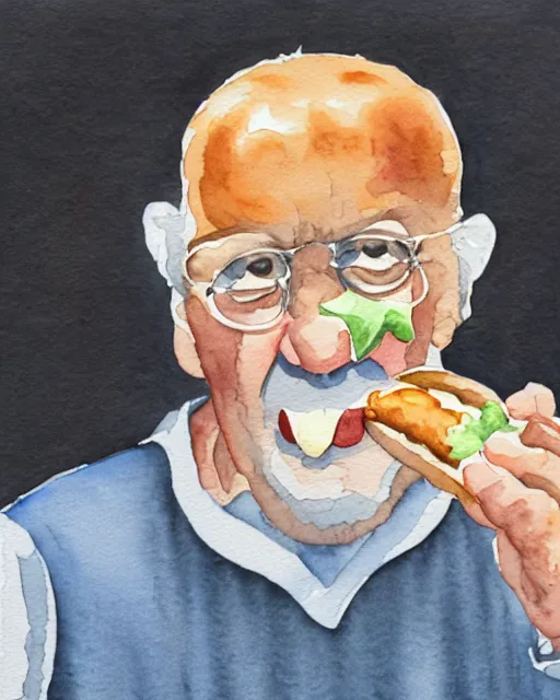 Image similar to watercolor picture of an old man eating hamburger, low key