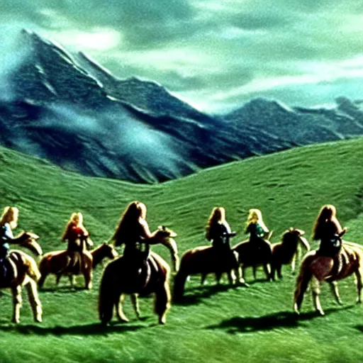 Image similar to still from lord of the rings showing the ride of the rohirrim, riding toward minas tirith on alpacas