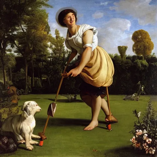 Prompt: columbo playing croquet in the garden, happy expression, smiling, holding a croquet mallet, rule of thirds, golden ratio, oil on canvas, highly detailed, warm color scheme, soft lighting, sharp focus, adelaide labille - guiard, artemisia gentileschi