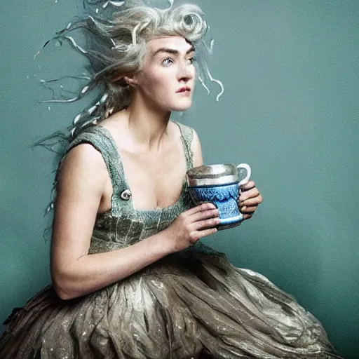 Image similar to A 18th century, messy, silver haired, (((mad))) elf princess (Kate Winslet), dressed in a ((ragged)), wedding dress, is ((drinking a cup of tea)). Everything is underwater and floating. Greenish blue tones, theatrical, (((underwater lights))), high contrasts, fantasyconcept art, inspired by John Everett Millais's Ophelia