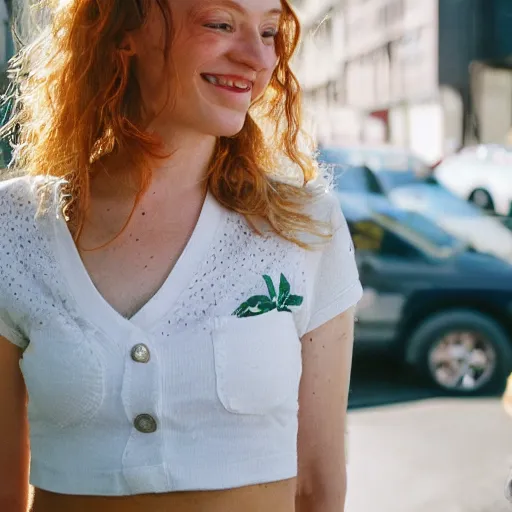 Image similar to Portrait photograph of a Strawberry-Blonde Girl, Young Beautiful Face, Green Eyes, Freckles, Wearing a white crop-top and jeans, with a subtle smile, Humans of New York Style, Leica Camera 50mm lens, street photography, aesthetic canon of proportions, grainy film photo