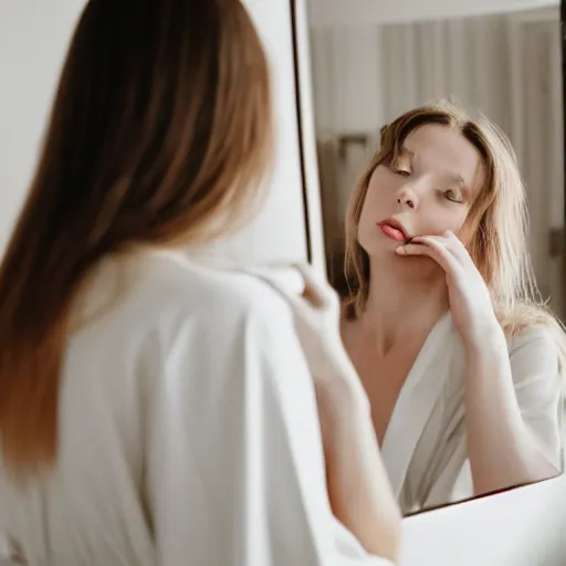 Image similar to , a beautiful girl dressed in robes looking in the mirror at a older girl, 5 0 mm lens, f 1. 4, sharp focus, ethereal, emotionally evoking, head in focus, volumetric lighting, blur dreamy outdoor,