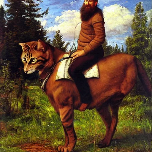 Image similar to man riding a huge cat, oil painting by Ivan Shishkin