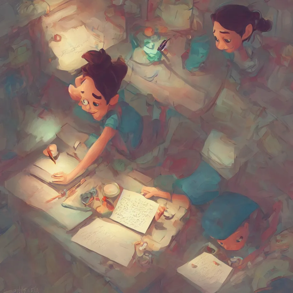 Prompt: writing a letter, illustration, artstation, pixar disney, digital painting, highly detailed