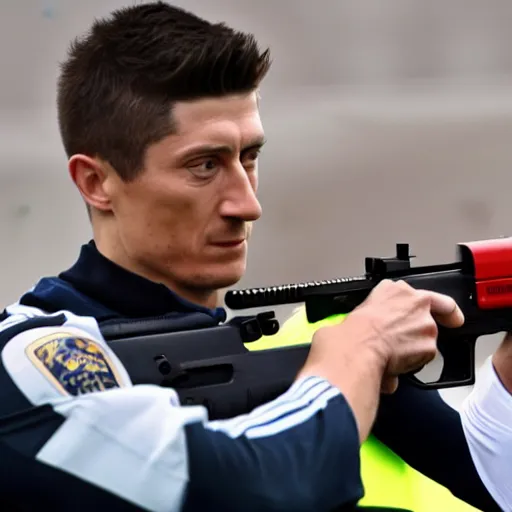 Image similar to robert lewandowski with a gun, shooting at policemen