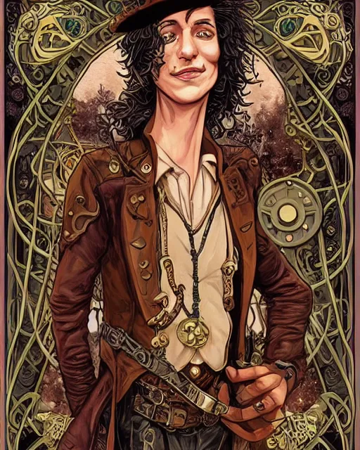 Prompt: a detailed portrait illustration of a steampunk songmage - bard. handsome male face, female body. art nouveau, pop art, comic book style. influenced by neil gaiman, h. p. lovecraft, dan mumford, brian froud, vadim voitekhovitch, killian eng, ross tran, ed emshwiller.