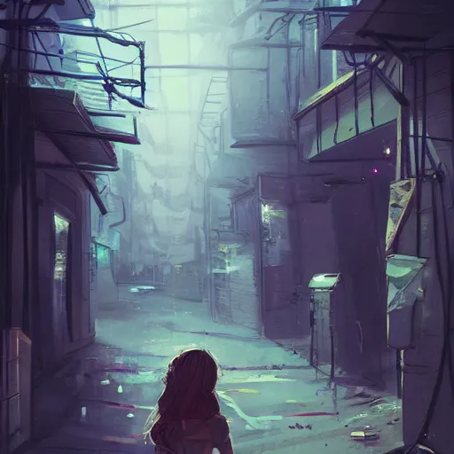 Image similar to A dirty alleyway at sunset, dramatic lighting, illustration by Rossdraws, professional portfolio, 4k, digital art, concept art, golden hour, trending on artstation