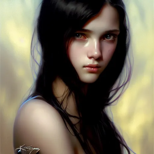 Image similar to portrait of teenage girl with long glossy black hair, blue eyes, glowing skin, fashion model features, fantasy, intricate, elegant, dress shirt and tie, highly detailed, digital painting, artstation, concept art, smooth, sharp focus, illustration, art by Krenz Cushart and Artem Demura and alphonse mucha