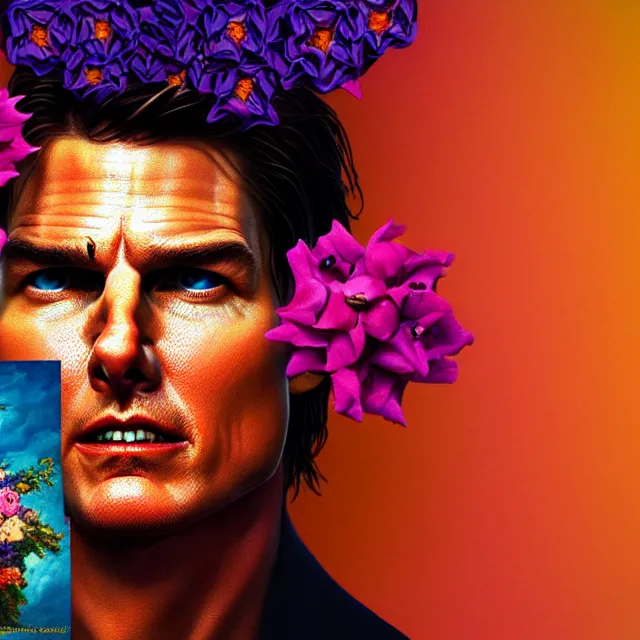 Prompt: bizarre surreal renaissance portrait of tom cruise as a box made out various flowers, dramatic cinematic lighting, bold colors, 8 k, beautiful intricate painting, hyper realistic, octane render