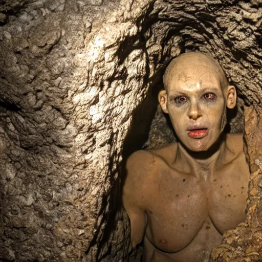 Image similar to photo inside a cavern of a wet reptilian humanoid partially hidden behind a rock, with black eyes and big teeth