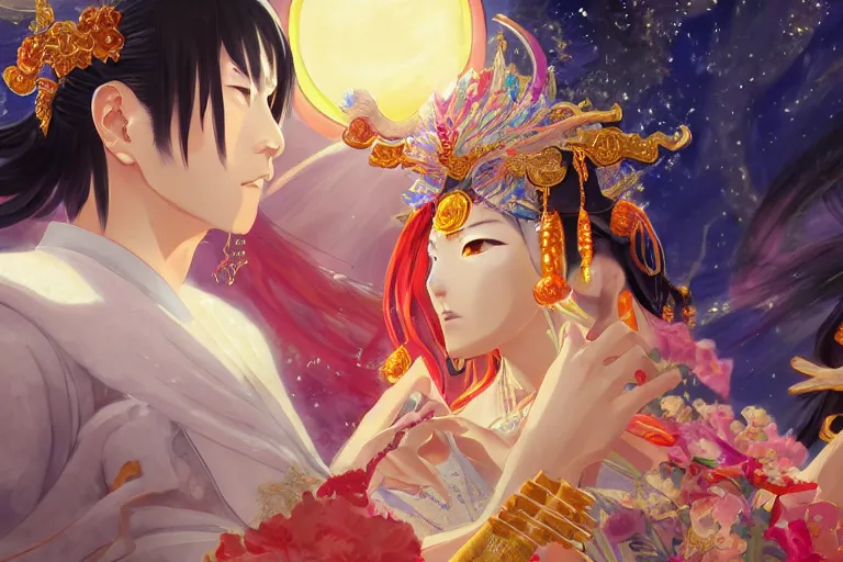 Image similar to close up moment of a divine a japan sun god and a moon goddess lovers magician at a wedding banquet, highly detailed, genshin, fantasy, 4 k realistic, digital painting, trending on artstation, concept art, sharp focus, illustration, art by makoto shinkai and akihiko yoshida and daniel gerhartz