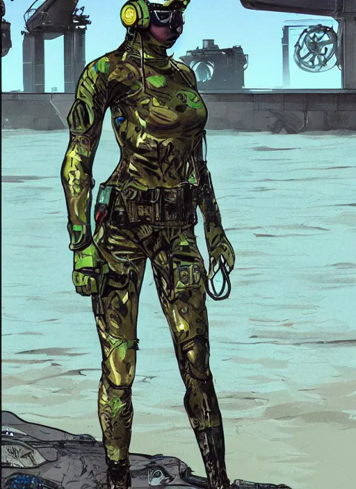 Image similar to Maryanne. USN blackops operator emerging from water at the shoreline. Operator wearing Futuristic cyberpunk tactical wetsuit and looking at an abandoned shipyard. Frogtrooper. rb6s, MGS, and splinter cell Concept art by James Gurney, Alphonso Mucha. Vivid color scheme.