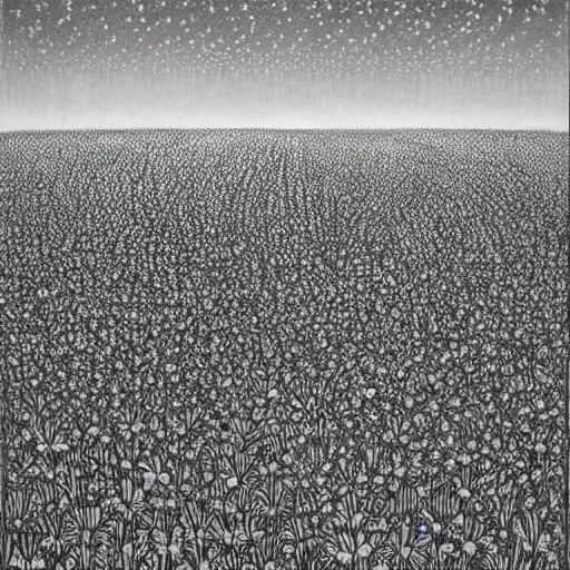 Prompt: A serene flower field at night by Kentaro Miura, highly detailed, black and white