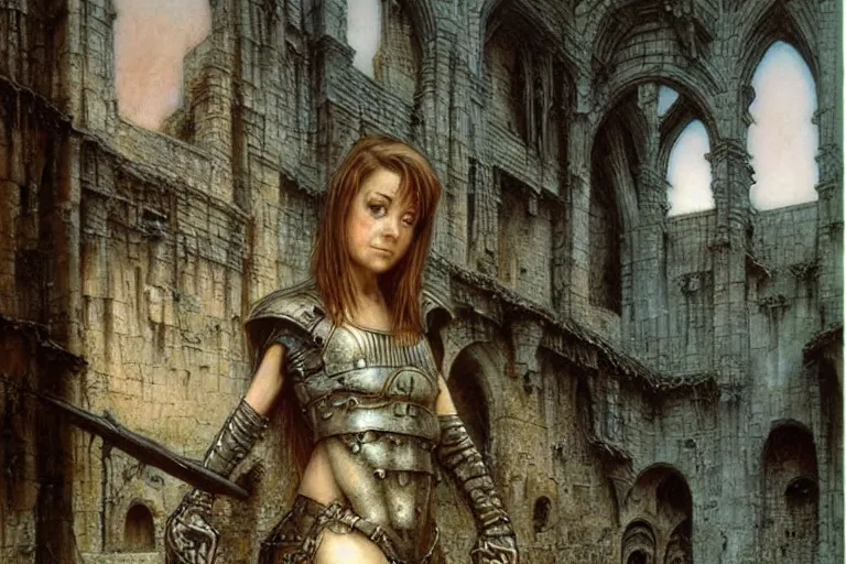 Prompt: cute young alyson hannigan with short hairs in medieval city by luis royo and wayne barlowe, beksinski