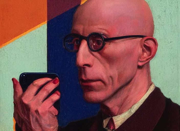 Image similar to michel foucault using iphone, muted blue and red tones, portrait face, in the style of peter ferguson, frantisek kupka, intricate, miles johnston, kuroda seiki, cynical realism, ozabu, john william godward, painterly, yoshitaka amano, moebius, miles johnston, louise zhang, james jean