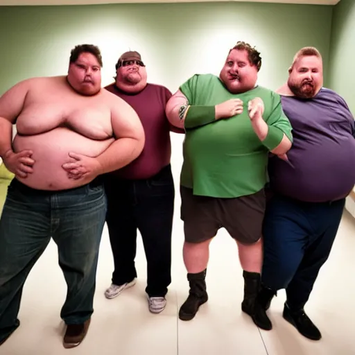 Image similar to five obese minnesotan men fighting to get into a small bathroom stall