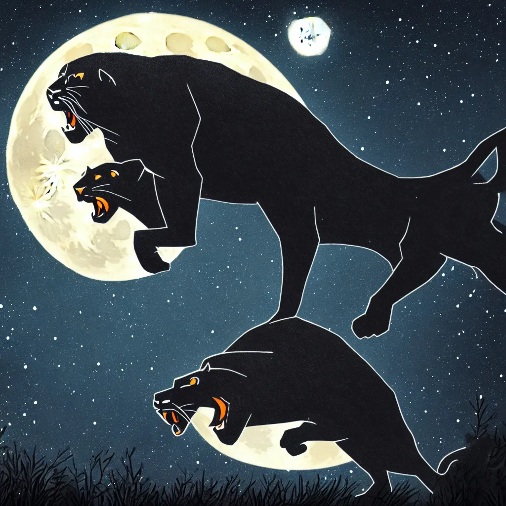 Image similar to a panther roaring at the moon in a forest during the night, large moon in the center. high quality. artistic. illustration. 4 k. cinematic. photoreal. highly detailed. dramatic. dark colors. night.