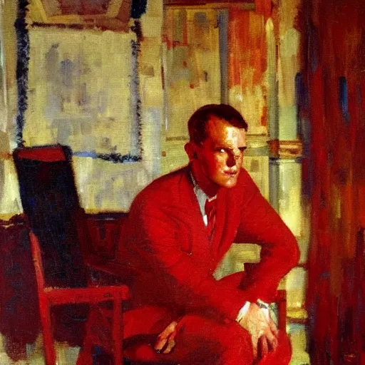 Image similar to man in red room in a chair, dean cornwell style