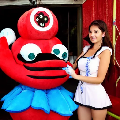 Prompt: beautiful girls flirting with a costumed mascot from Octopus Magic Space Toilet Depot