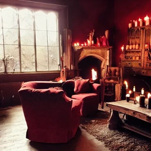 Prompt: A photograph of the Gryffindor common room, cozy arm chairs, a fire burning in the hearth, high ceilings, lit by many candles, light rays, magic aura, bloom, mysterious