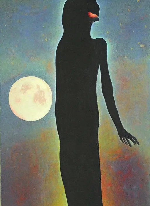 Prompt: surrealism, abstract, a dark witch in front of the full big moon, painting by abercrombie, gertrude