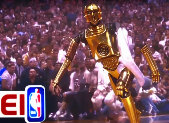 Image similar to ESPN still of C-3PO playing in the nba playoffs live on espn, 4k