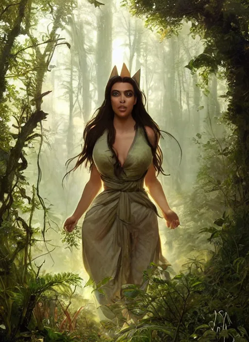 Image similar to Kim Kardashhian as a elf on a beautiful lush forest meadow, afternoon, art by Artgerm and Greg Rutkowski and Alphonse Mucha, DAZ, hyperrealistic, ambient light, dynamic light, vray