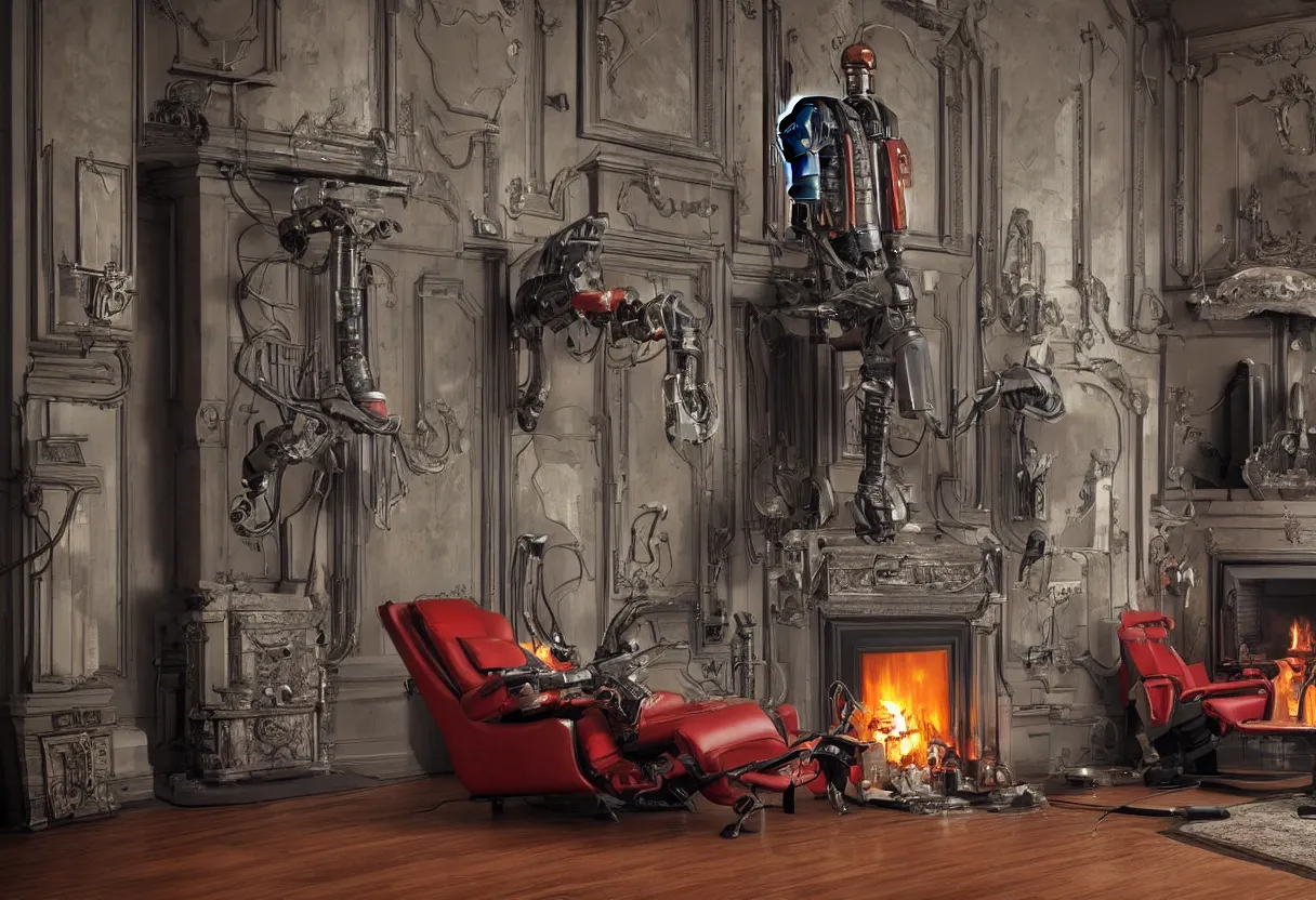 Image similar to Extreme close up photograph of a futuristic robot reclining on a aged recliner in front of a single beautiful fireplace in a traditional Victorian home, by Simon Stalenhag