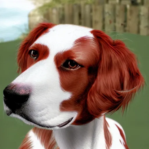 Prompt: photorealistic dog that's a mix of an American Brittany and a Red-and-White English Setter