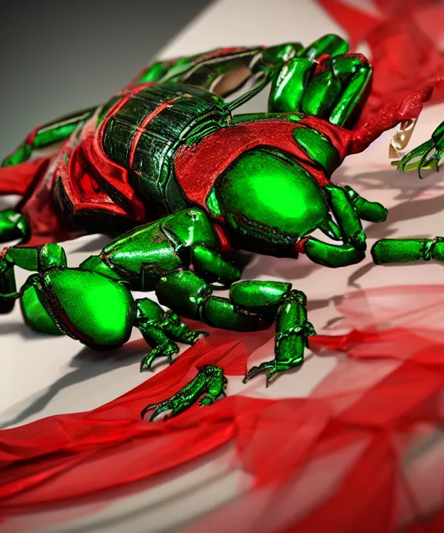Image similar to green scorpion with translucent red joints, on a wedding cake, unreal engine, ultra realistic, 8 k