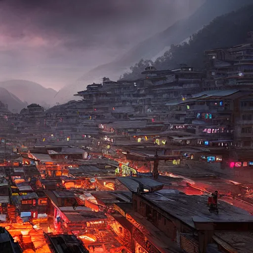 Image similar to a landscape image of kathmandu in a style of cyberpunk, highly detailed, cinematic lighting, hyperrealistic, 4 k, digital art