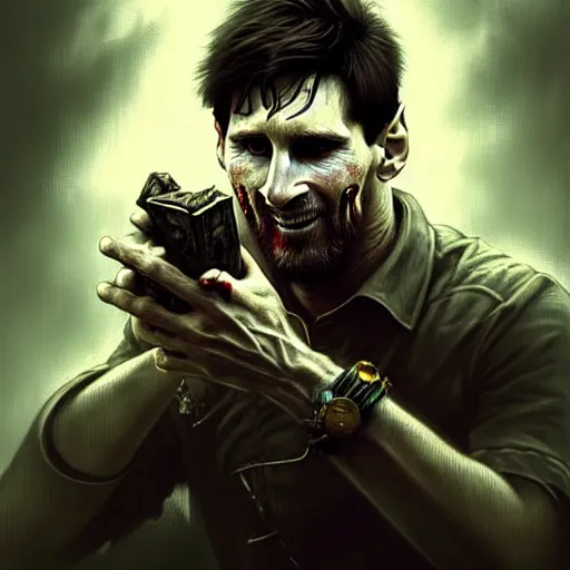 Image similar to Lionel Messi as a zombie, closeup, D&D style, fantasy, intricate, elegant, highly detailed, digital painting, artstation, concept art, matte, sharp focus, illustration, art by Artgerm and Greg Rutkowski and Alphonse Mucha