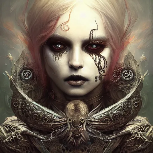 Image similar to curiosities soft paint portrait of a single beautiful warrior in full gothic armor, stunning photorealist eyes, symmetry accurate features, eyeballs, vegetation tentacles, dense volumetric fog, focus, very intricate ultrafine details, gloomy colors, award winning masterpiece, tom bagshaw artstyle