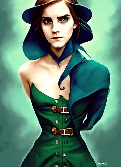 Prompt: style artgerm, joshua middleton, emma watson with green dress, very long blue hair, symmetrical face, symmetrical eyes, steampunk western gunslinger with monocle, cinematic lighting