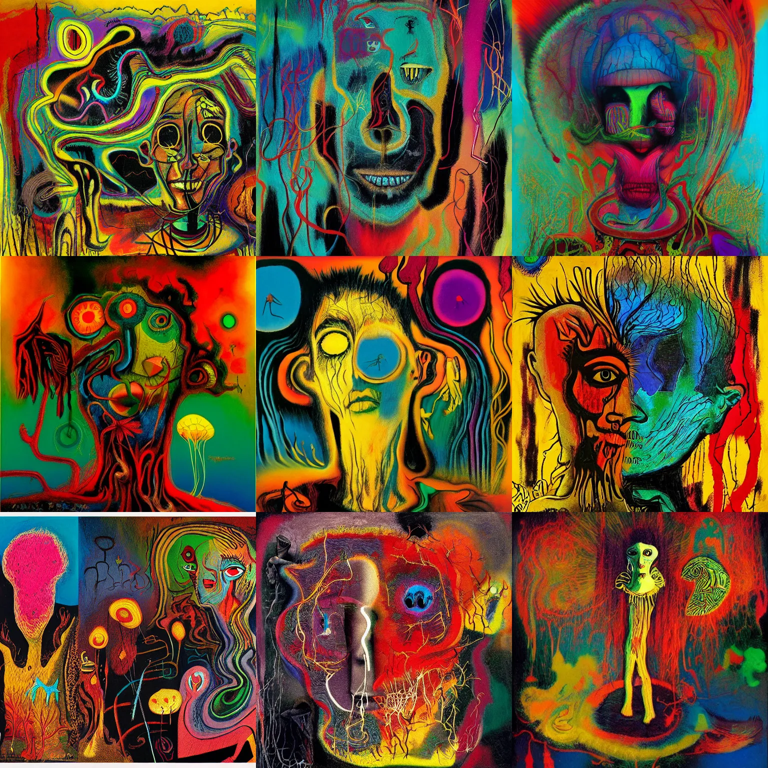 Prompt: psychedelic mushrooms dream, in the style of dave mckean, jean michel basquiat, beksisnski, and pablo picasso